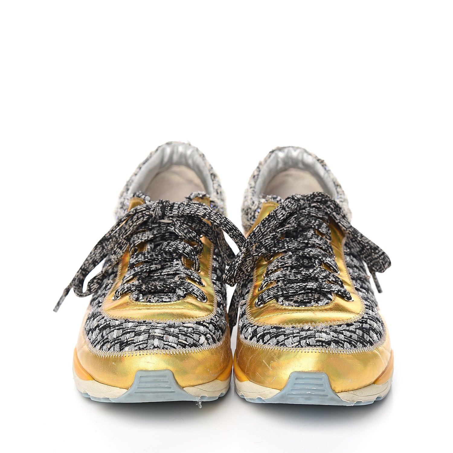 Chanel Tweed Lambskin Tennis Sneakers 37.5 Black White Argent 2 of 8