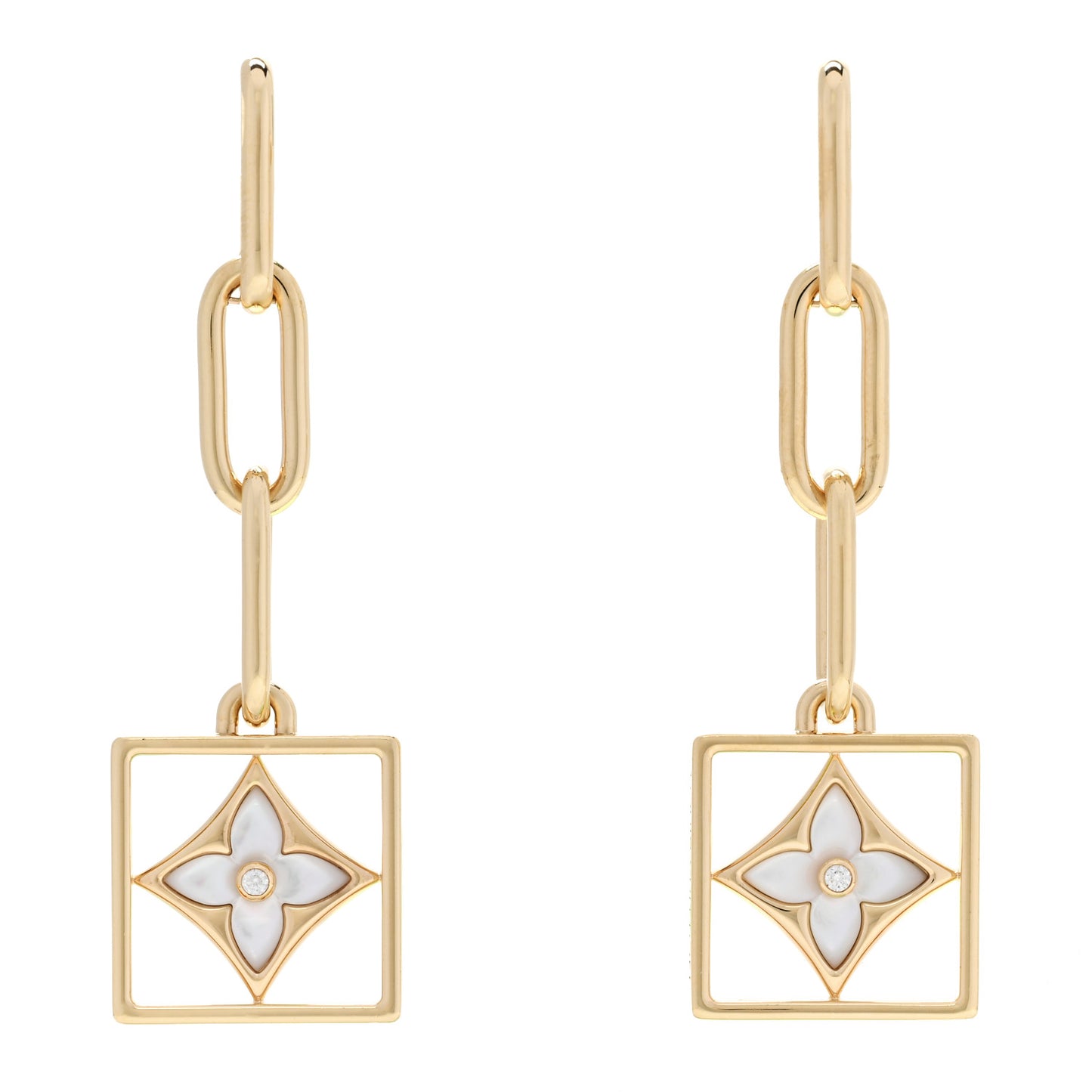 18K Yellow Gold Diamond Mother of Pearl Color Blossom Drop Earrings