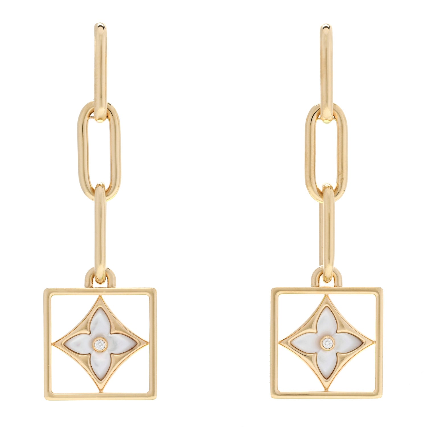 Louis Vuitton 18K Yellow Gold Diamond Mother of Pearl Color Blossom Drop Earrings 1 of 5