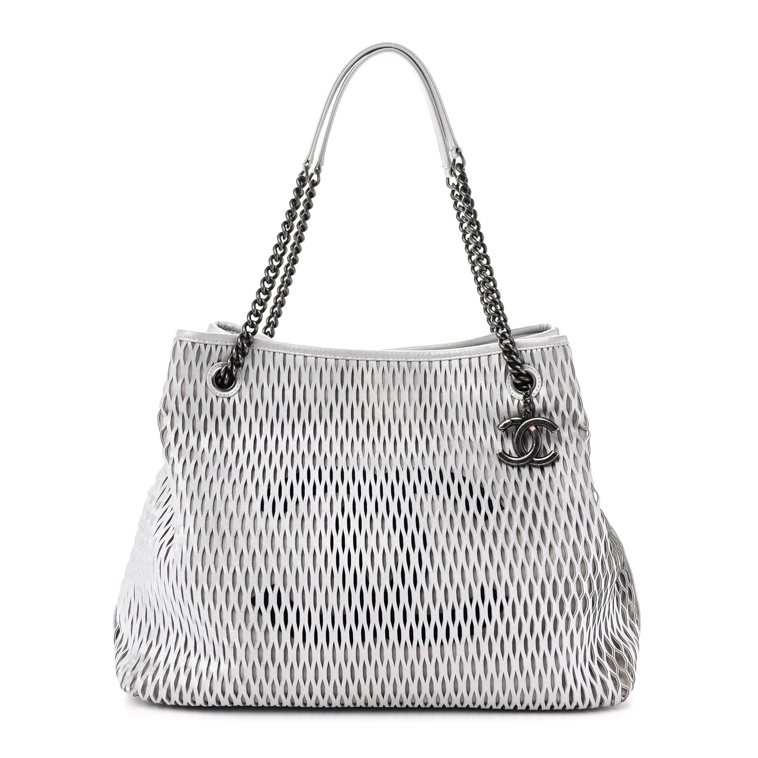 Chanel Calfskin Laser Cut Perforated CC Tote Silver 1 of 10