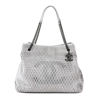 Chanel Calfskin Laser Cut Perforated CC Tote Silver 1 of 10