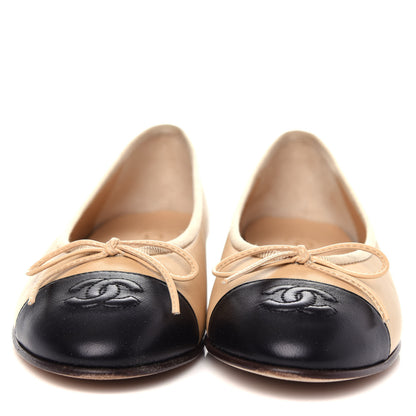 Chanel Lambskin CC Cap Toe Ballerina Flats 35 Beige Black 2 of 11