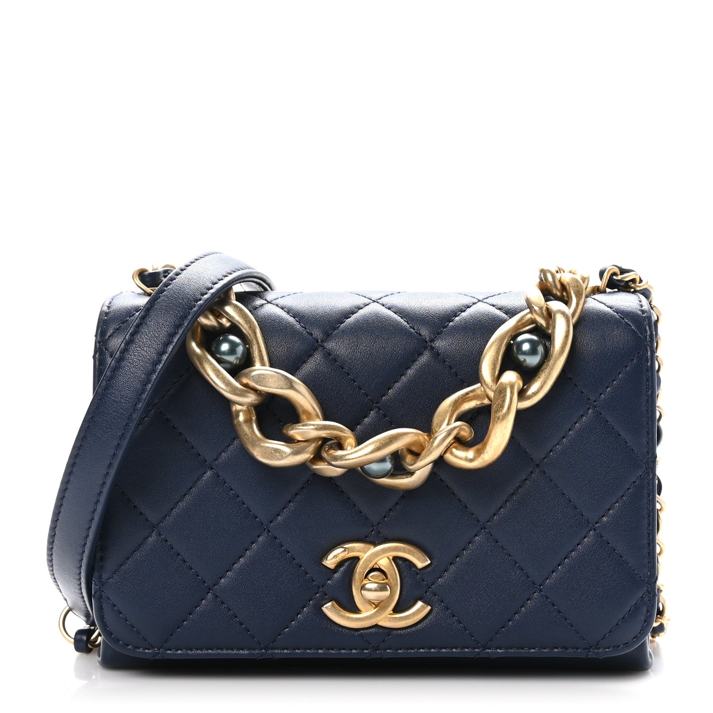 Calfskin Quilted Pearl Jewel Chain Flap Navy