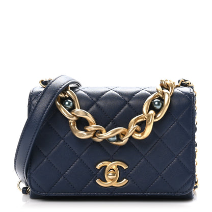 Chanel Calfskin Quilted Pearl Jewel Chain Flap Navy 1 of 11