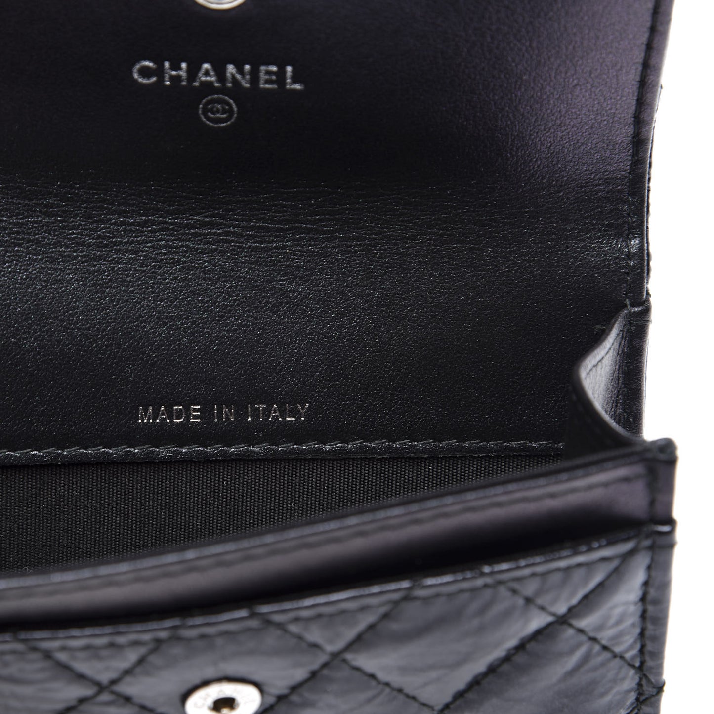 Distressed Patent Quilted Flap Card Holder Black