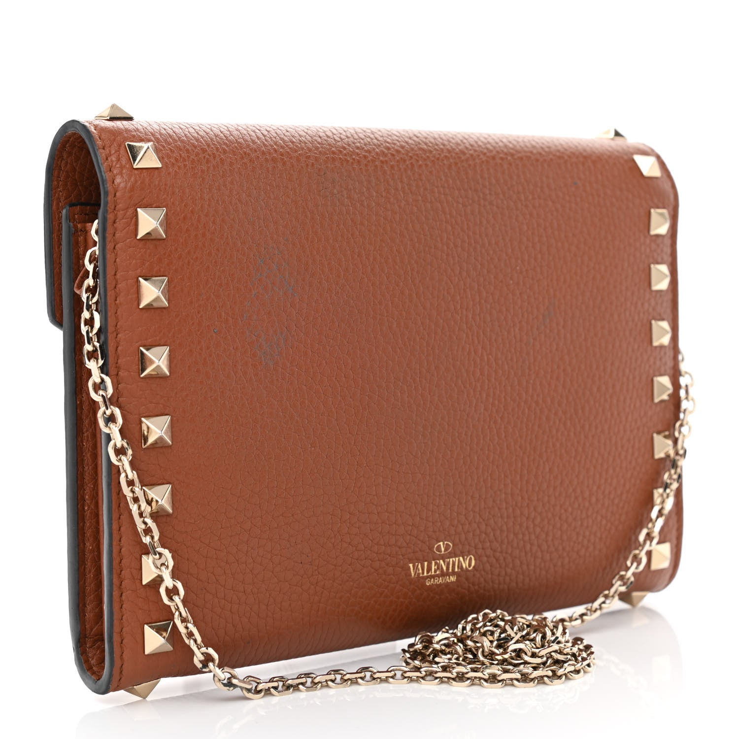 Valentino Garavani Pebbled Calfskin Rockstud Envelope Wallet on Chain Bright Cognac 3 of 10