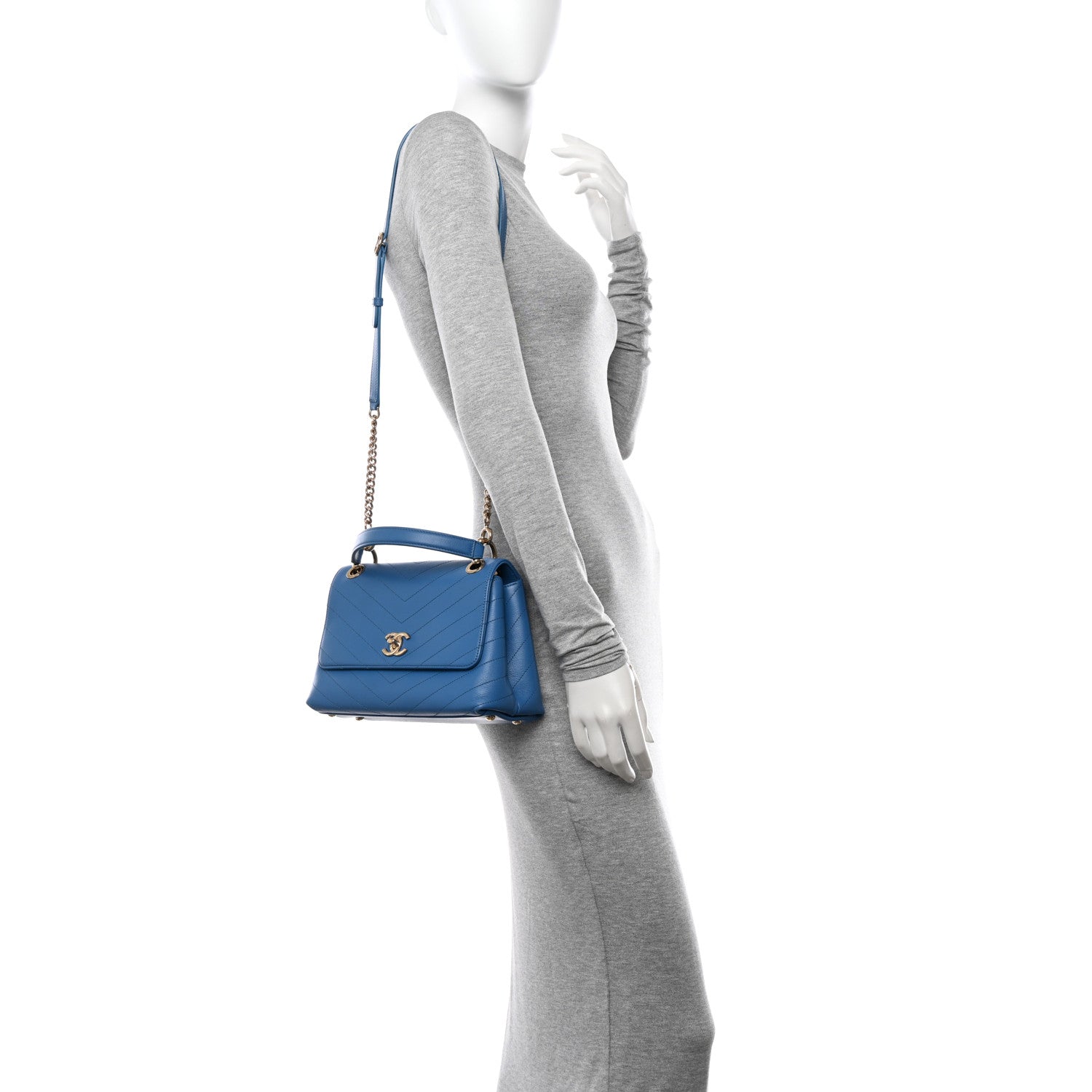 Chanel Grained Calfskin Small Chevron Chic Top Handle Flap Blue 2 of 13