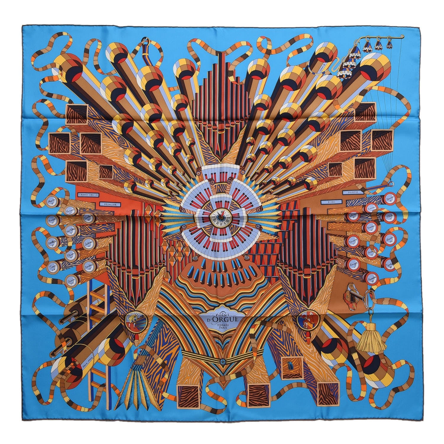 Hermes Silk Point D'Orgue Scarf 90 Bleu Azur Marron Juane D'or 1 of 9