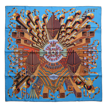Hermes Silk Point D'Orgue Scarf 90 Bleu Azur Marron Juane D'or 1 of 9