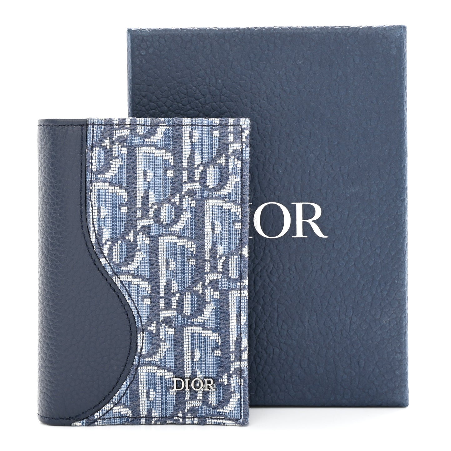 Grained Calfskin Oblique Saddle Bifold Card Holder Blue