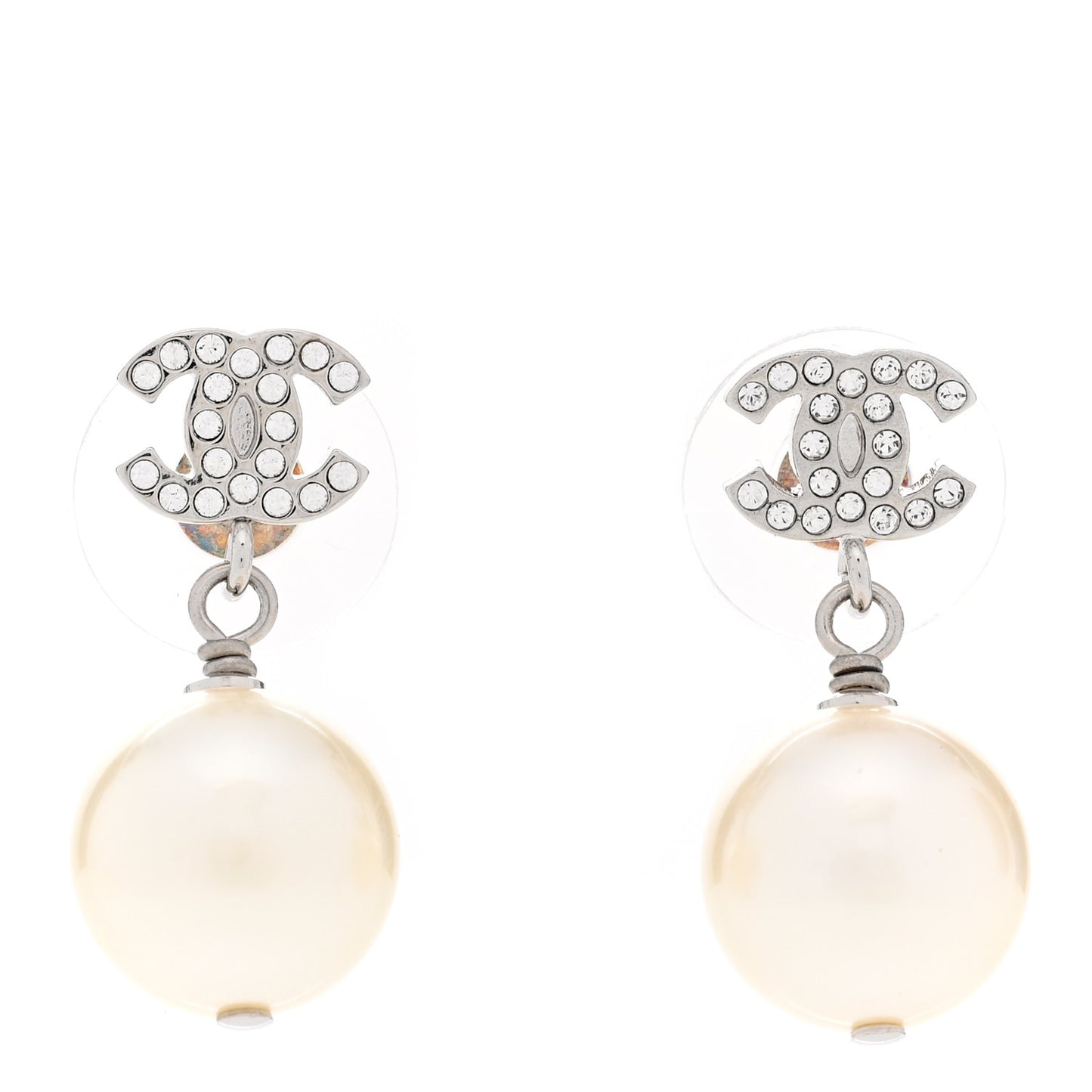 Crystal Pearl CC Drop Earrings Silver Pearly White