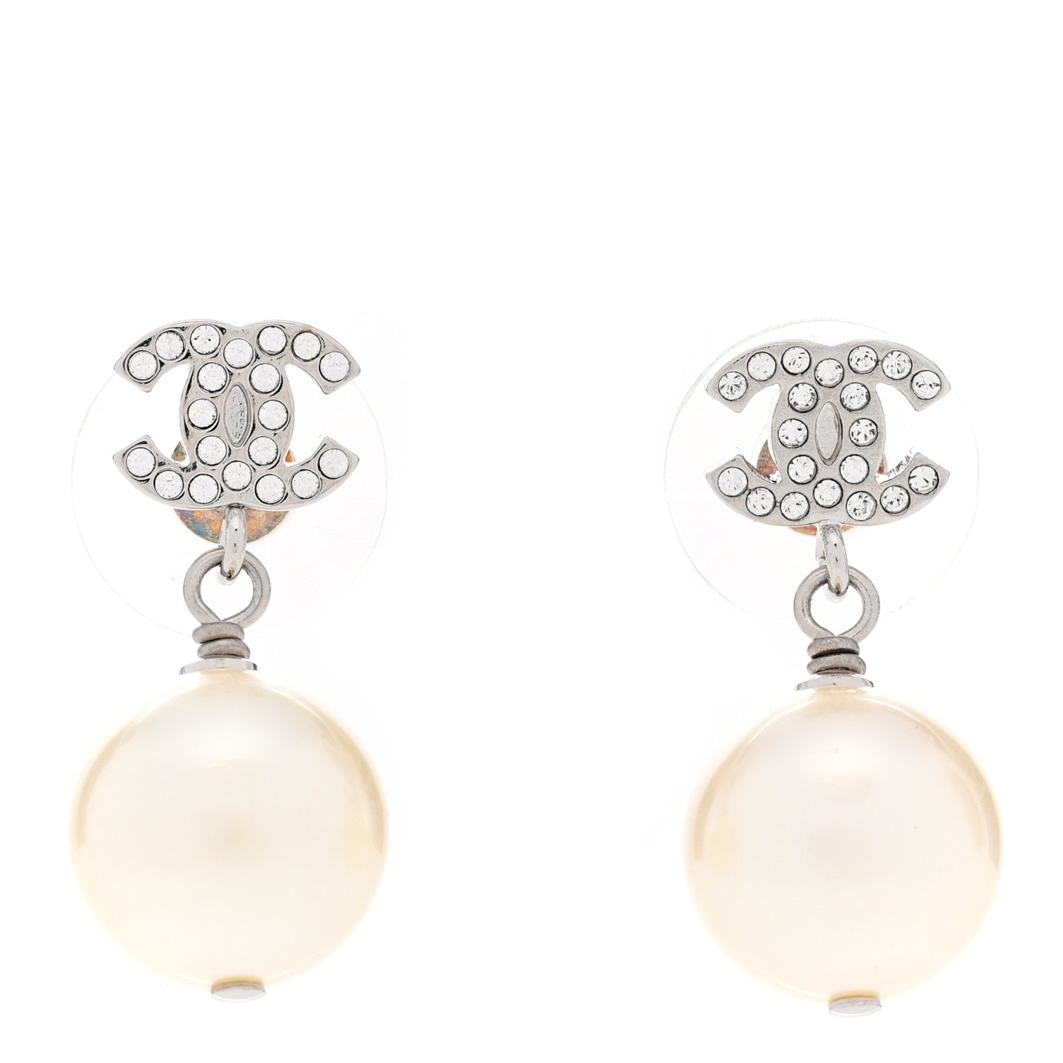 Chanel Crystal Pearl CC Drop Earrings Silver Pearly White 1 of 5