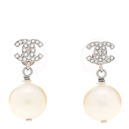 Chanel Crystal Pearl CC Drop Earrings Silver Pearly White 1 of 5