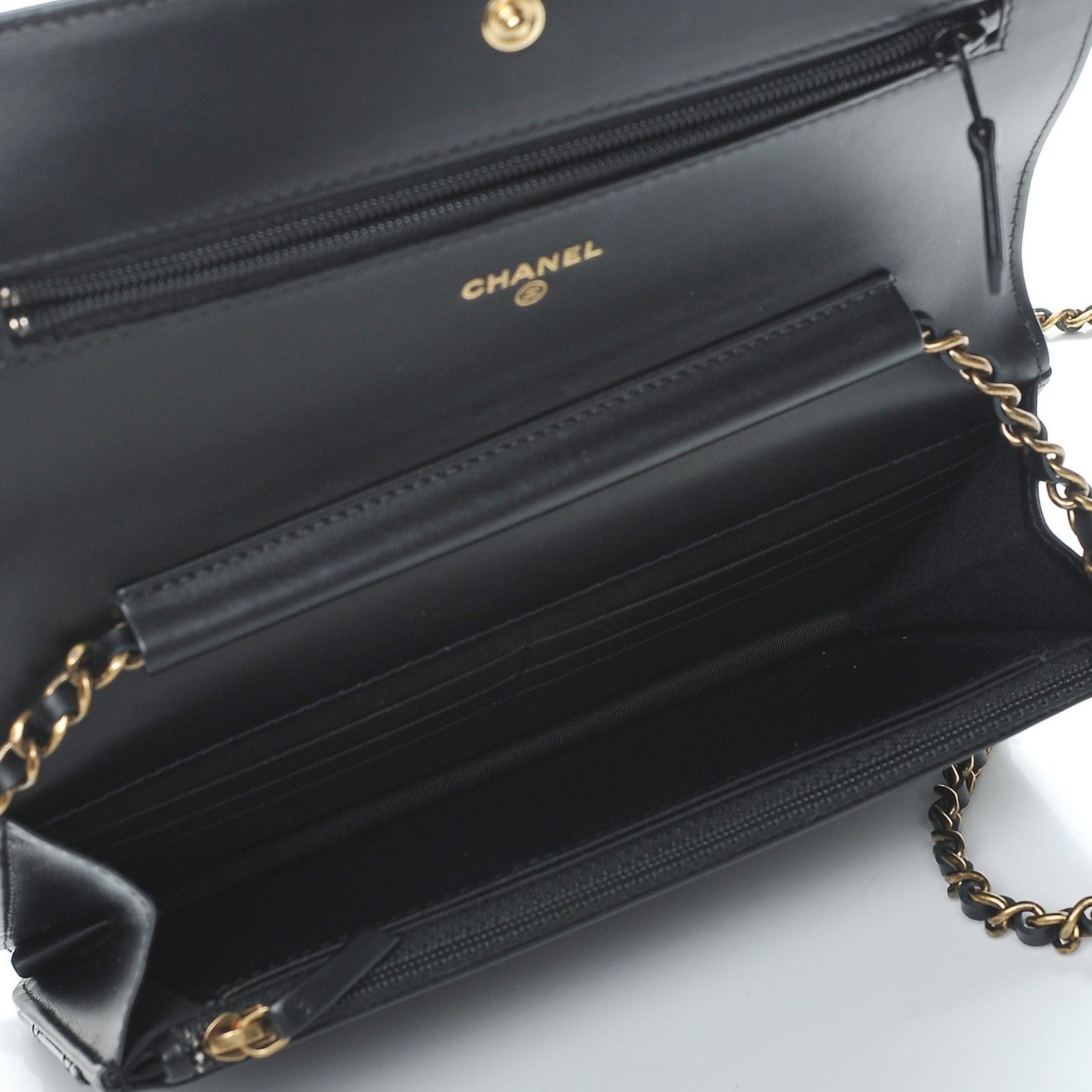 Patent Calfskin Quilted Boy Wallet On Chain WOC Black