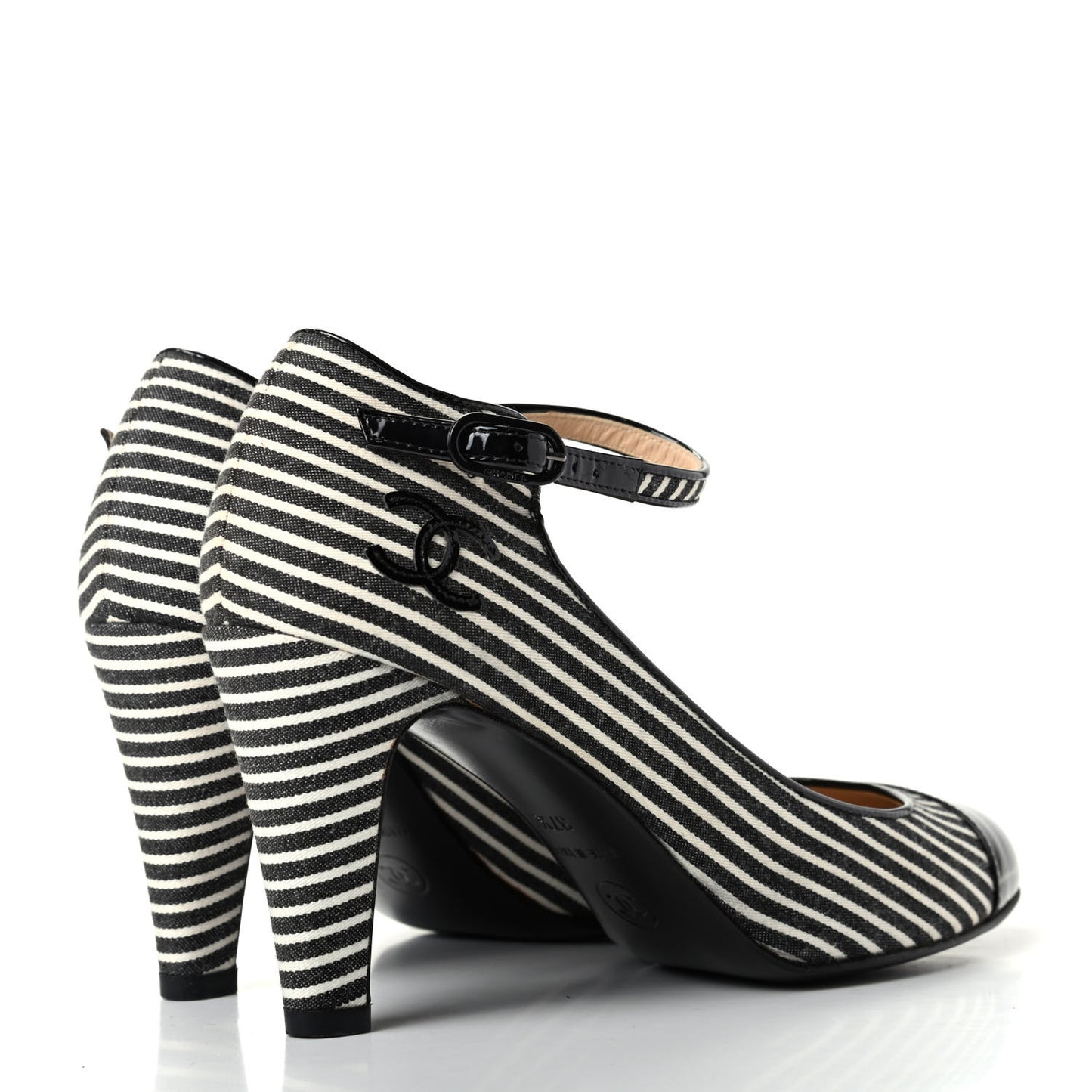 Fabric Striped Patent Cap Toe Ankle Strap Pumps 37.5 Black White