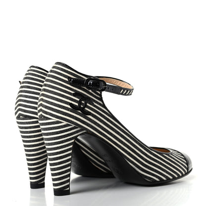 Chanel Fabric Striped Patent Cap Toe Ankle Strap Pumps 37.5 Black White 4 of 11