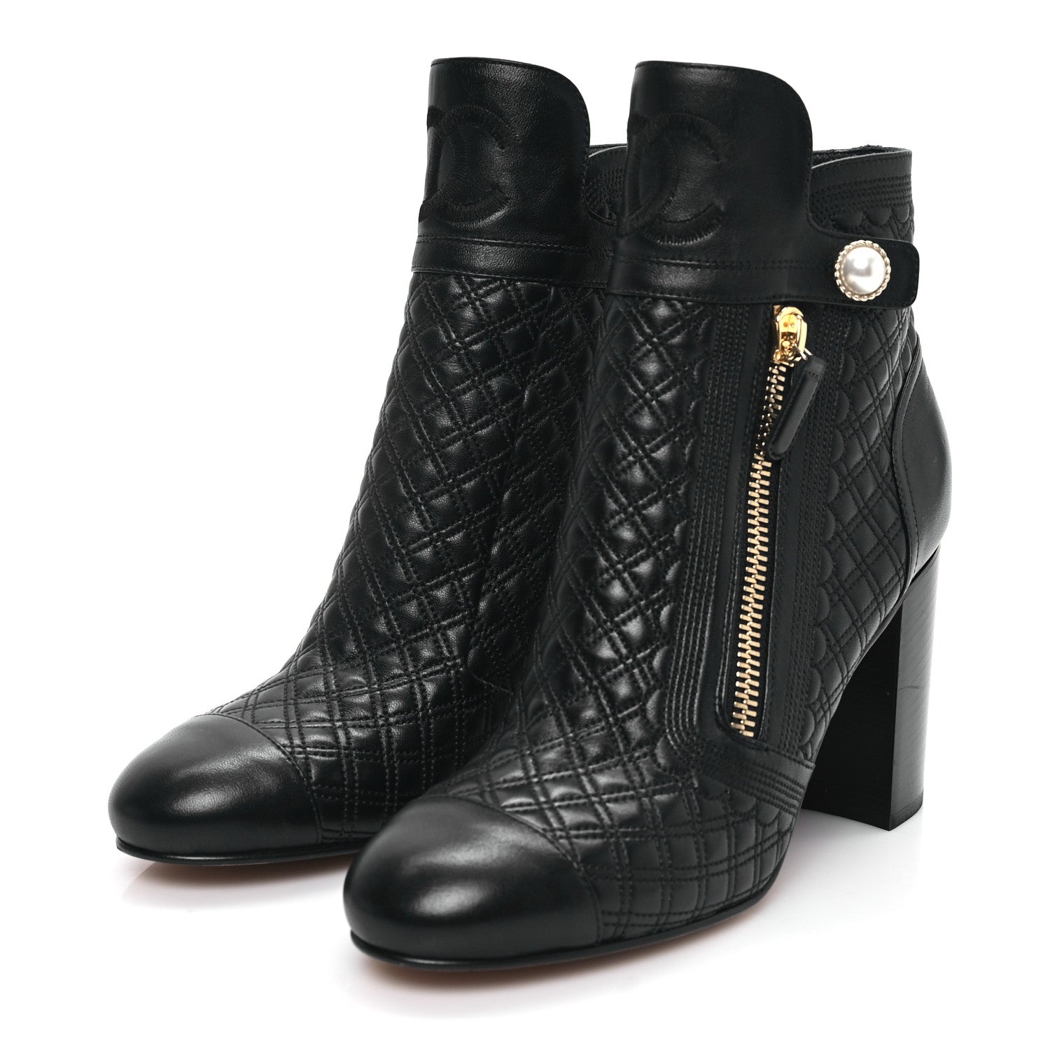 Chanel Lambskin Quilted Pearl CC Cap Toe Short Boots 41 Black 3 of 8