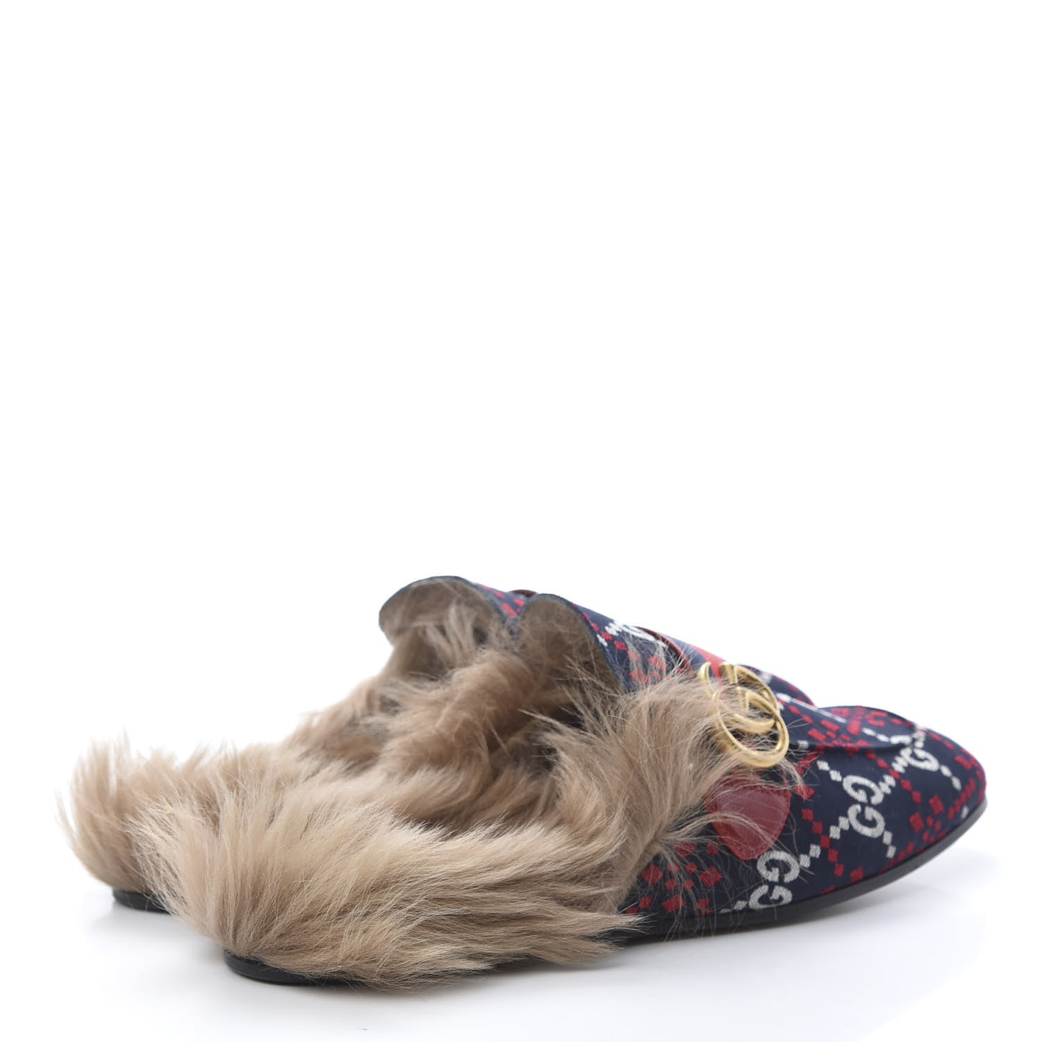 Gucci Canvas GG Monogram Diamond Fur Web GG Mens Princetown Slippers 8.5 Midnight Blue Hibiscus Red 4 of 8