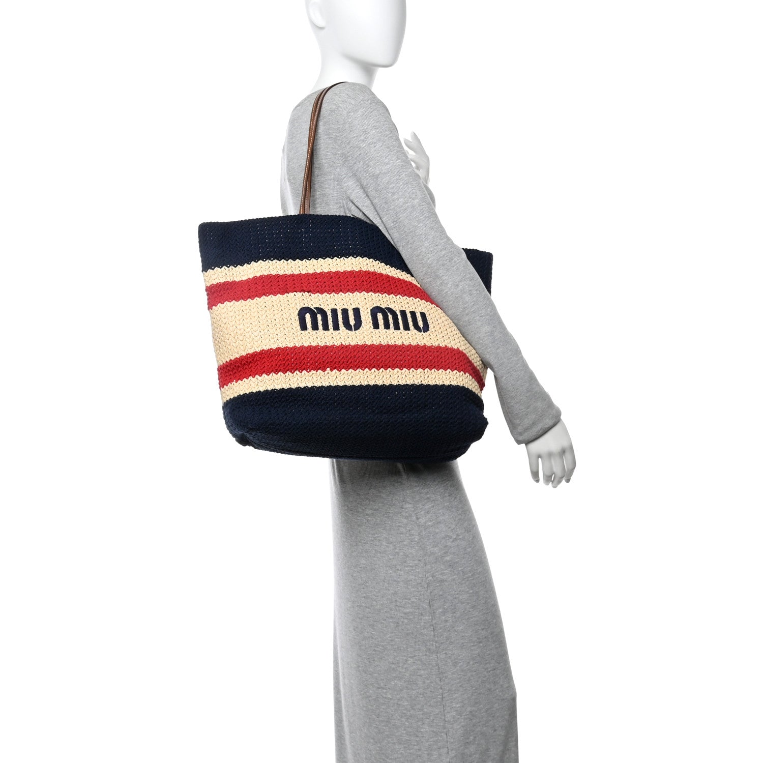 Miu Miu Raffia Crochet Stripe Tote Natural Blue 1724986 – FASHIONPHILE
