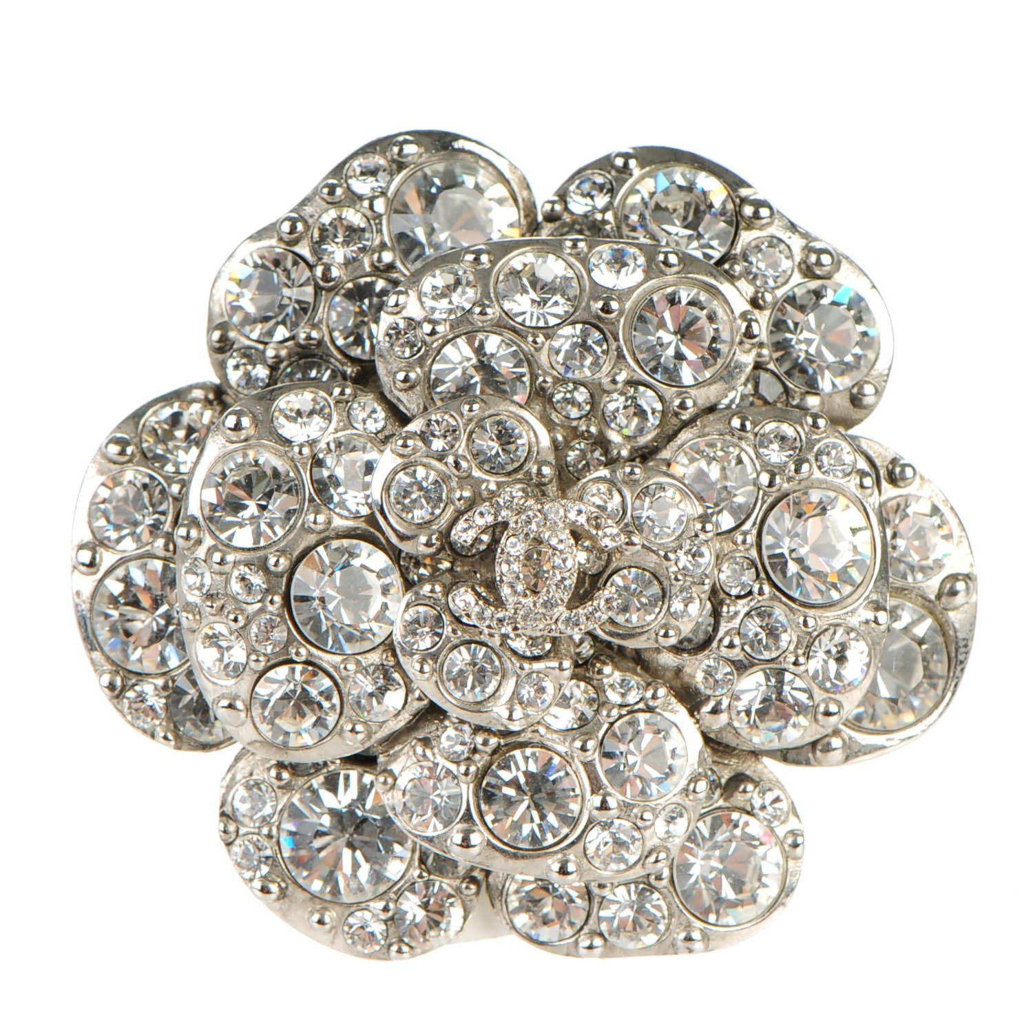 Chanel Swarovski Crystal Camellia CC Brooch Silver 1 of 5