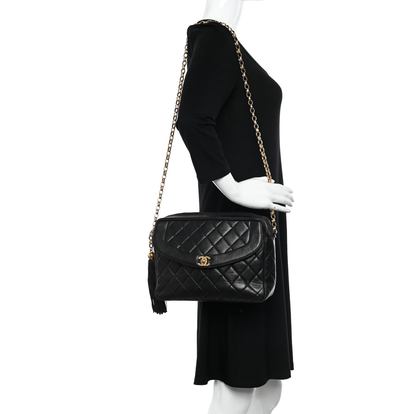Lambskin Quilted CC Tassel Camera Case Black