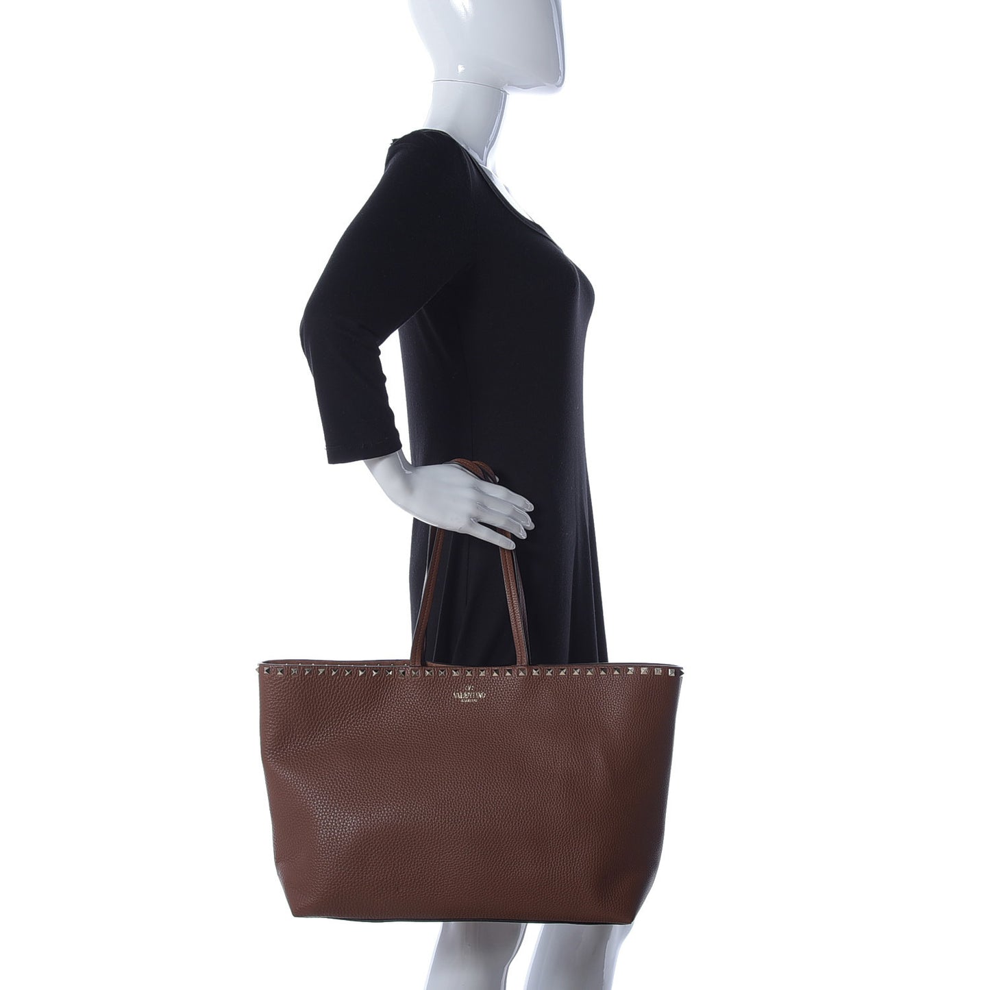 Grained Calfskin Rockstud Shoulder Tote Bright Cognac