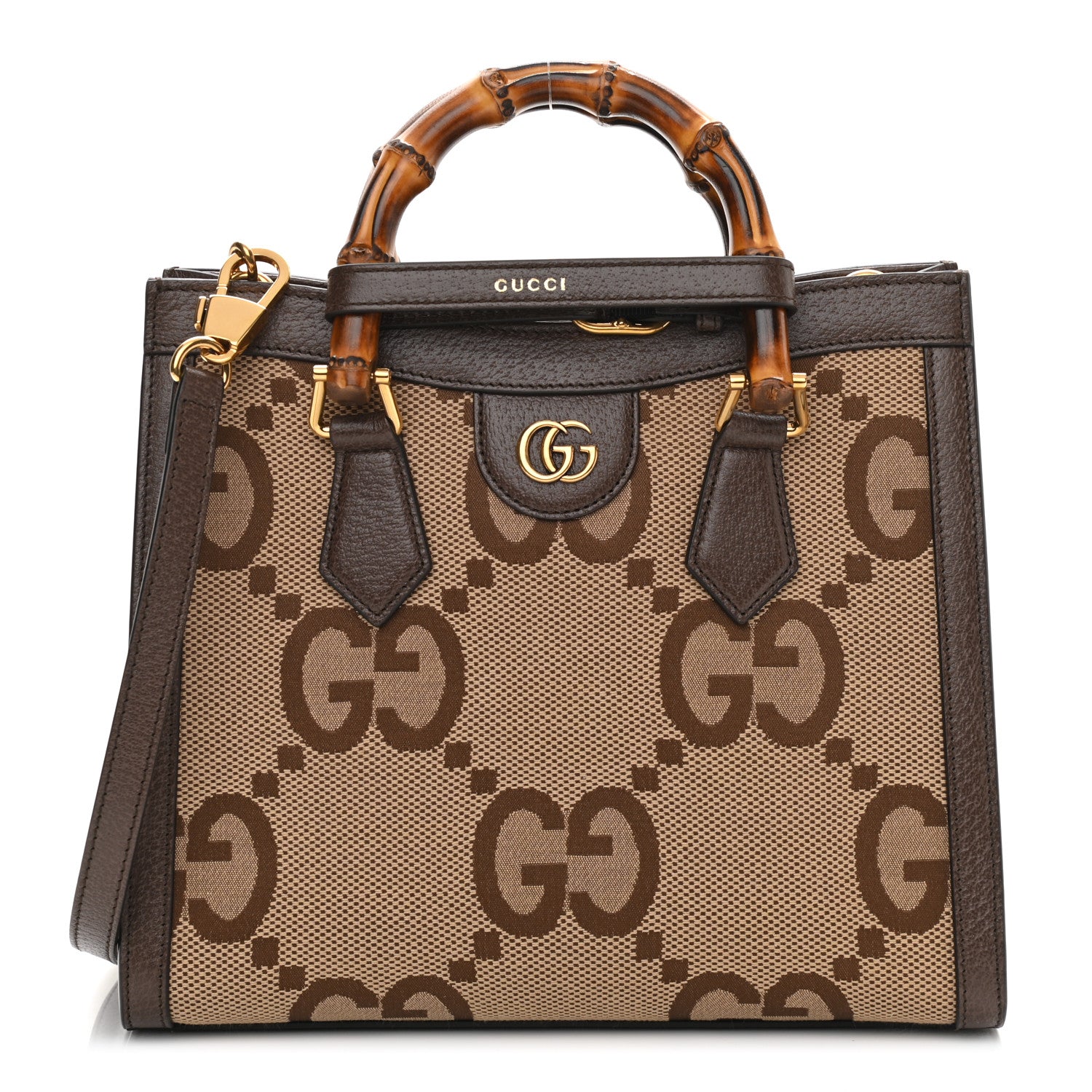 Gucci Monogram Jumbo GG Textured Dollar Calfskin Small Diana Tote Bag Camel Ebony New Acero 1 of 12