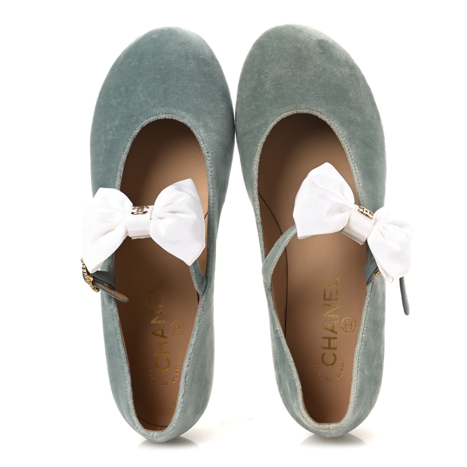 Chanel Velvet Grosgrain Bow Mary Jane Flats 37.5 Light Green White 2 of 11
