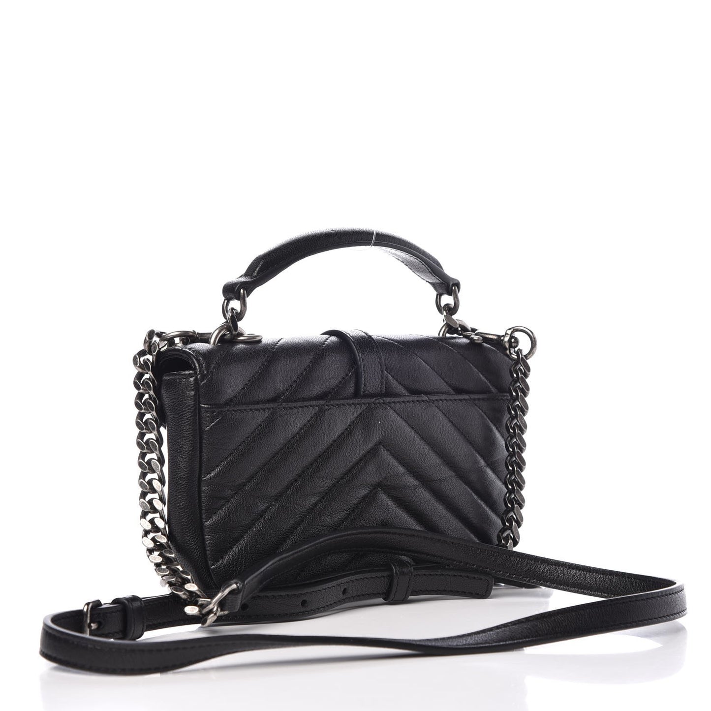 Calfskin Matelasse Chevron Heart Patchwork Monogram College Chain Wallet Black