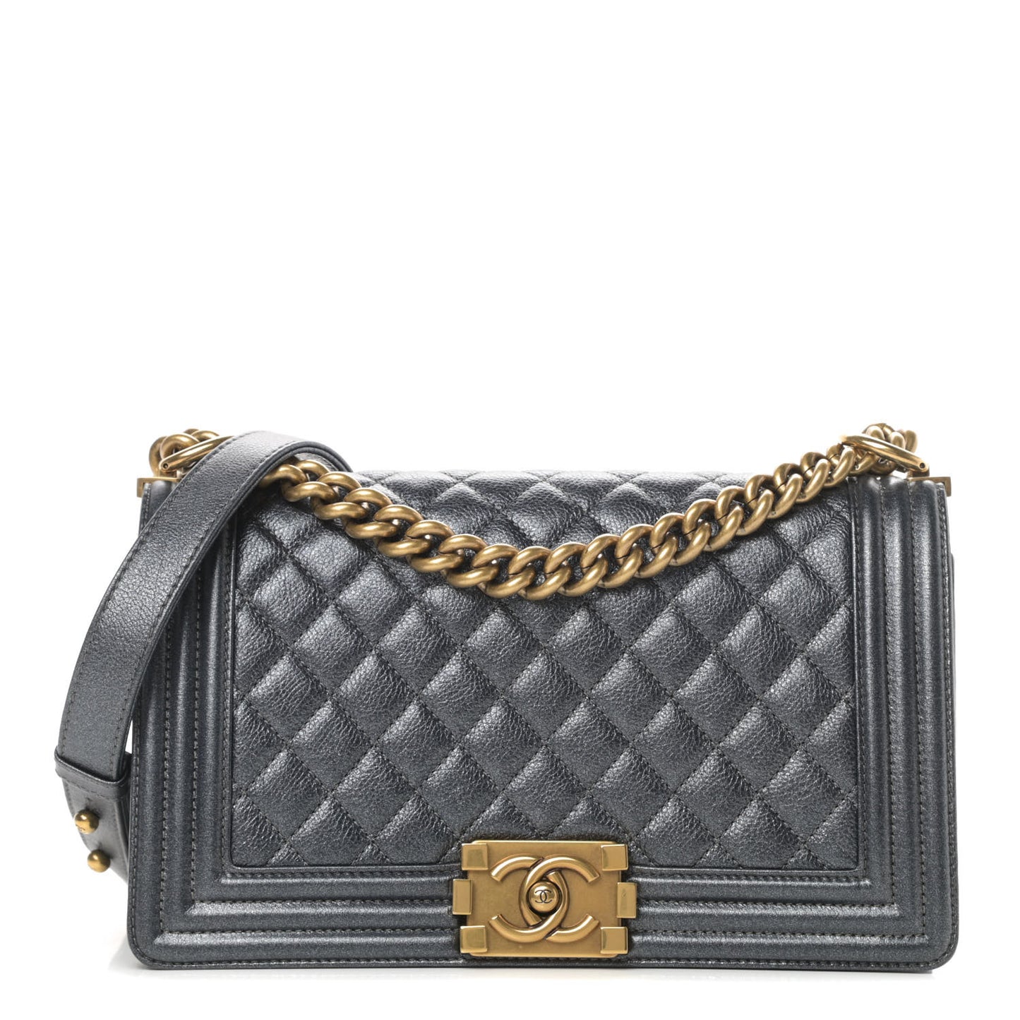 Metallic Calfskin Quilted Medium Boy Flap Dark Grey