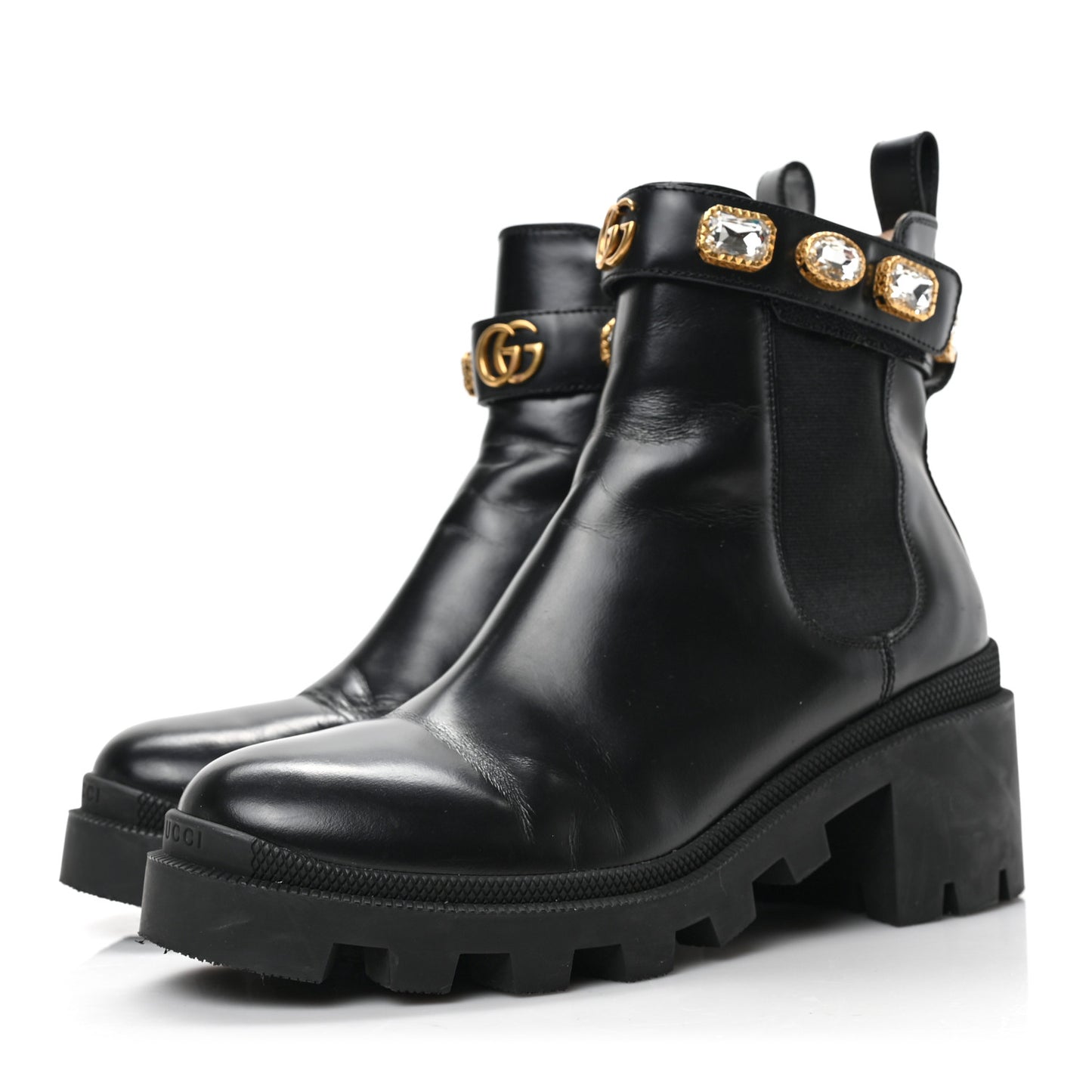 Calfskin Crystal GG Trip Chelsea Ankle Boots 38.5 Black