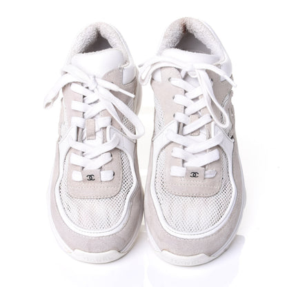 Chanel Suede Calfskin Fabric CC Sneakers 37.5 White Grey 5 of 11