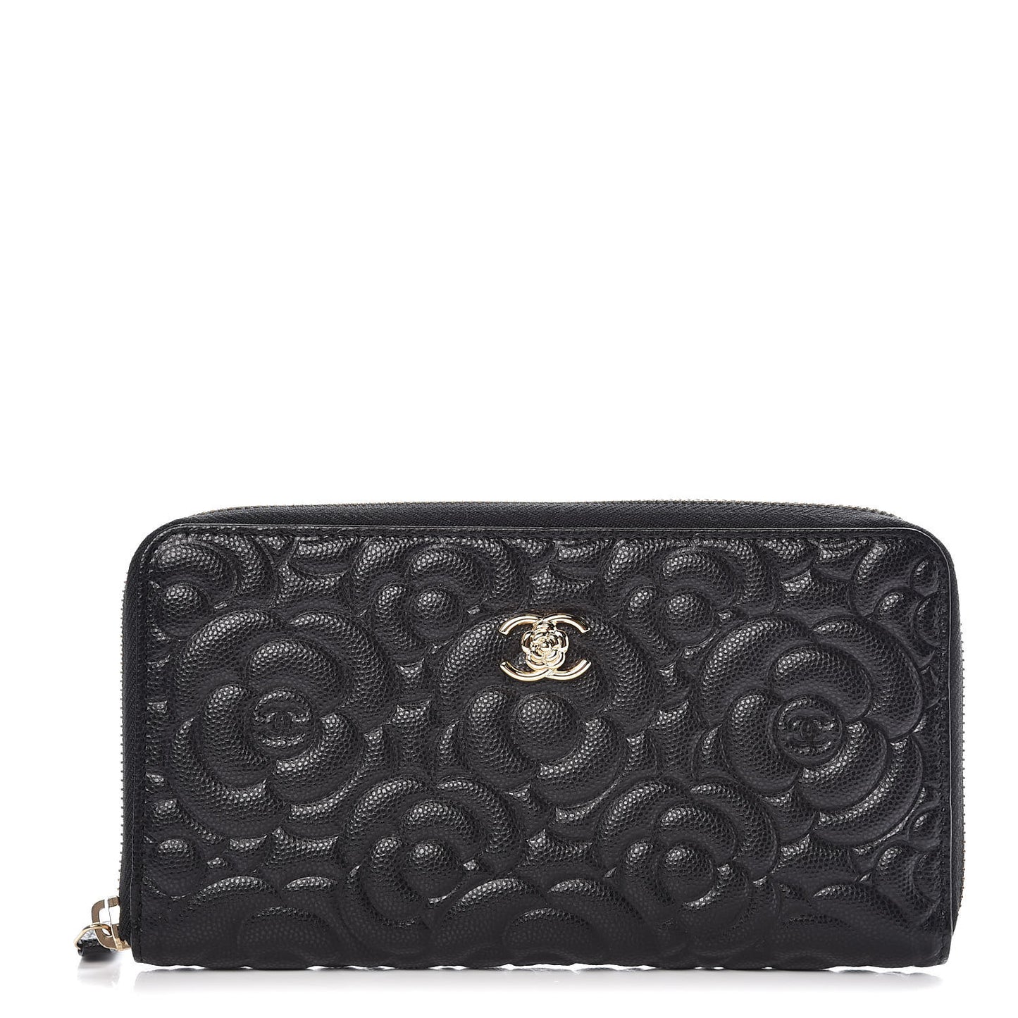 Caviar Camellia Embossed Large Zip Around Gusset Wallet Black