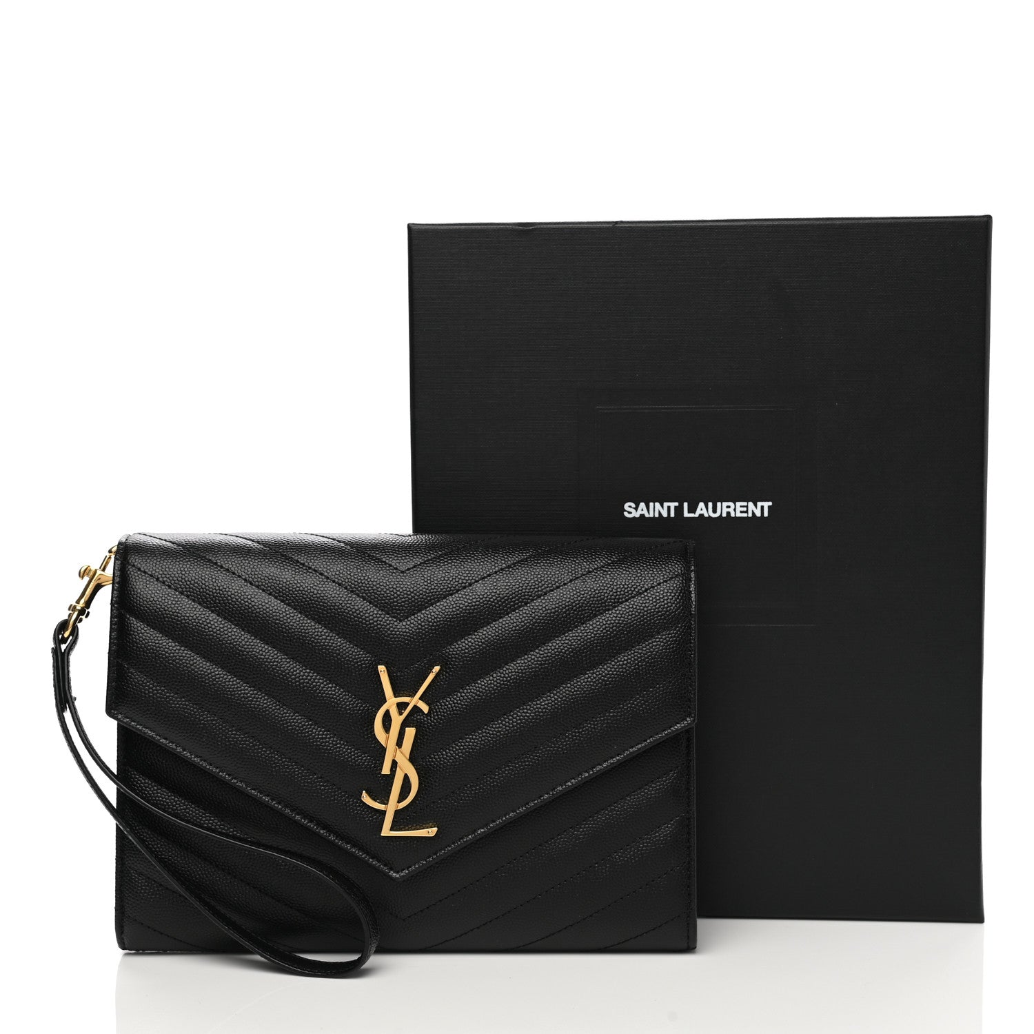 Saint Laurent Grain De Poudre Matelasse Chevron Monogram Envelope Clutch Black 9 of 9