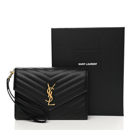 Saint Laurent Grain De Poudre Matelasse Chevron Monogram Envelope Clutch Black 9 of 9