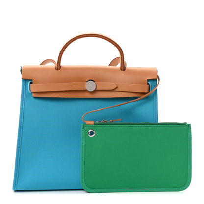 Hermes Vache Hunter Toile Herbag Zip 31 PM Bleu Azteque Menthe 3 of 11
