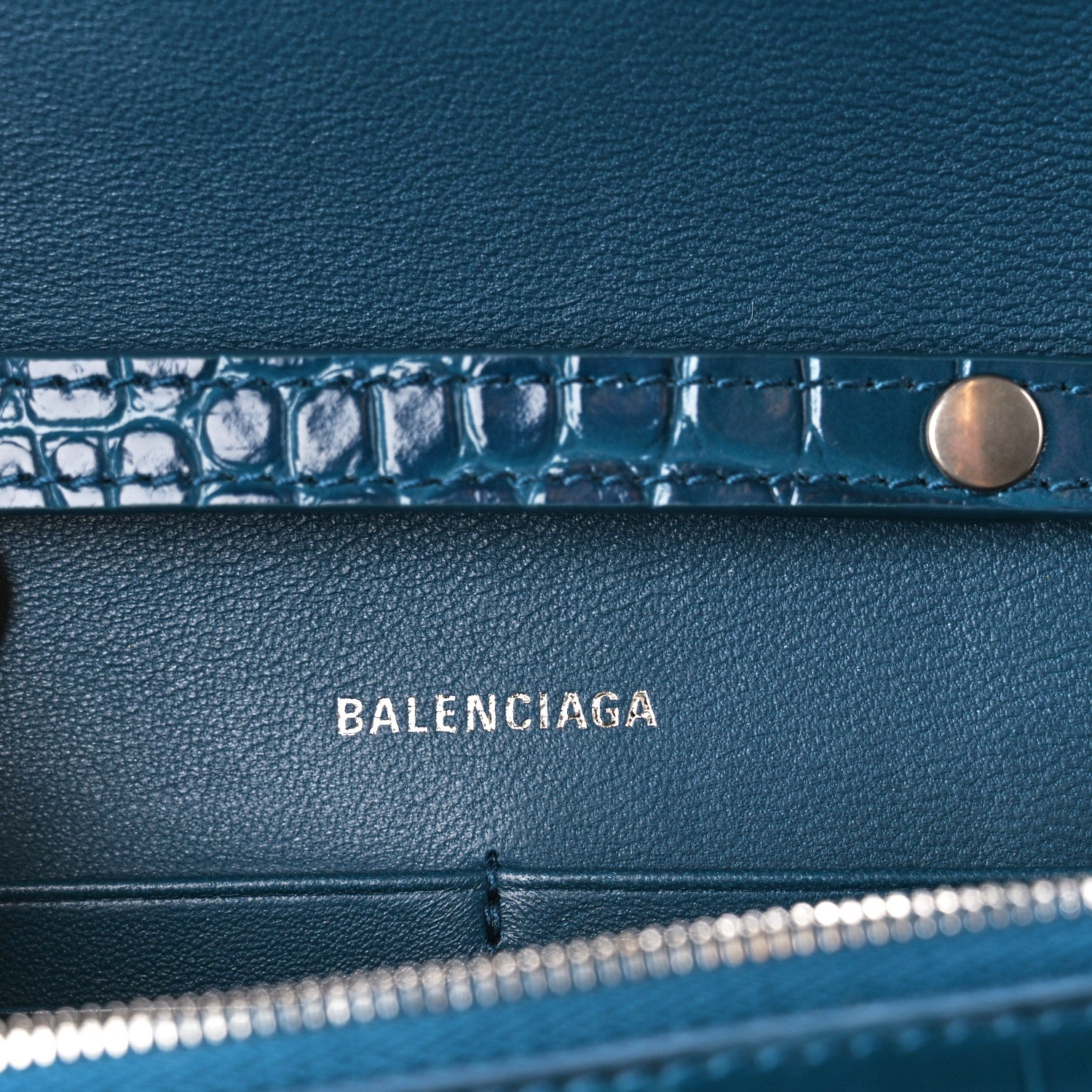 Balenciaga Shiny Calfskin Crocodile Embossed Hourglass Chain Bag Dark Petrol Blue 6 of 11