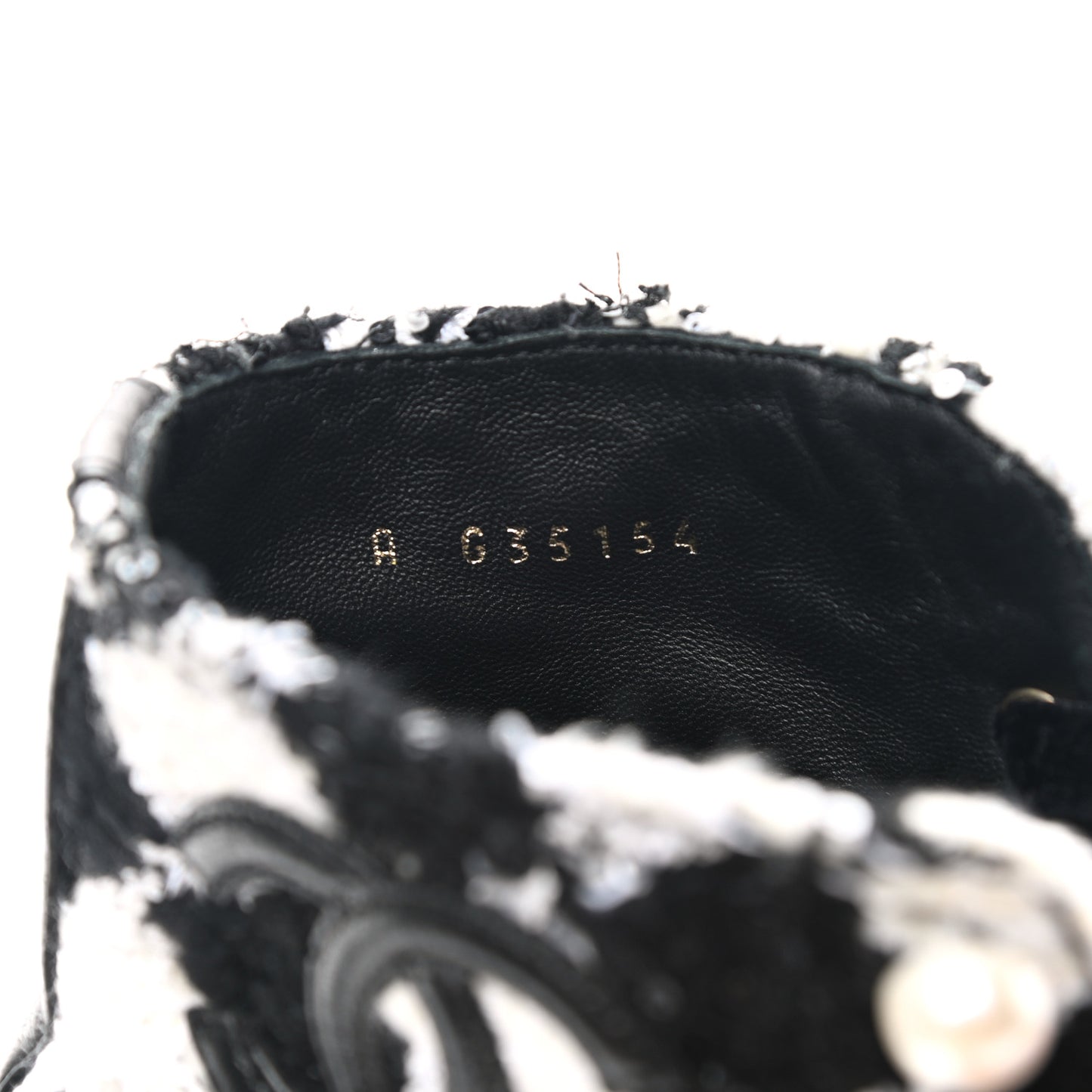 Tweed Grosgrain Pearl Combat Short Boots 38.5 White Black