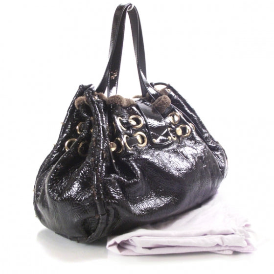 Crushed Patent Shearling Trim Riki Bag