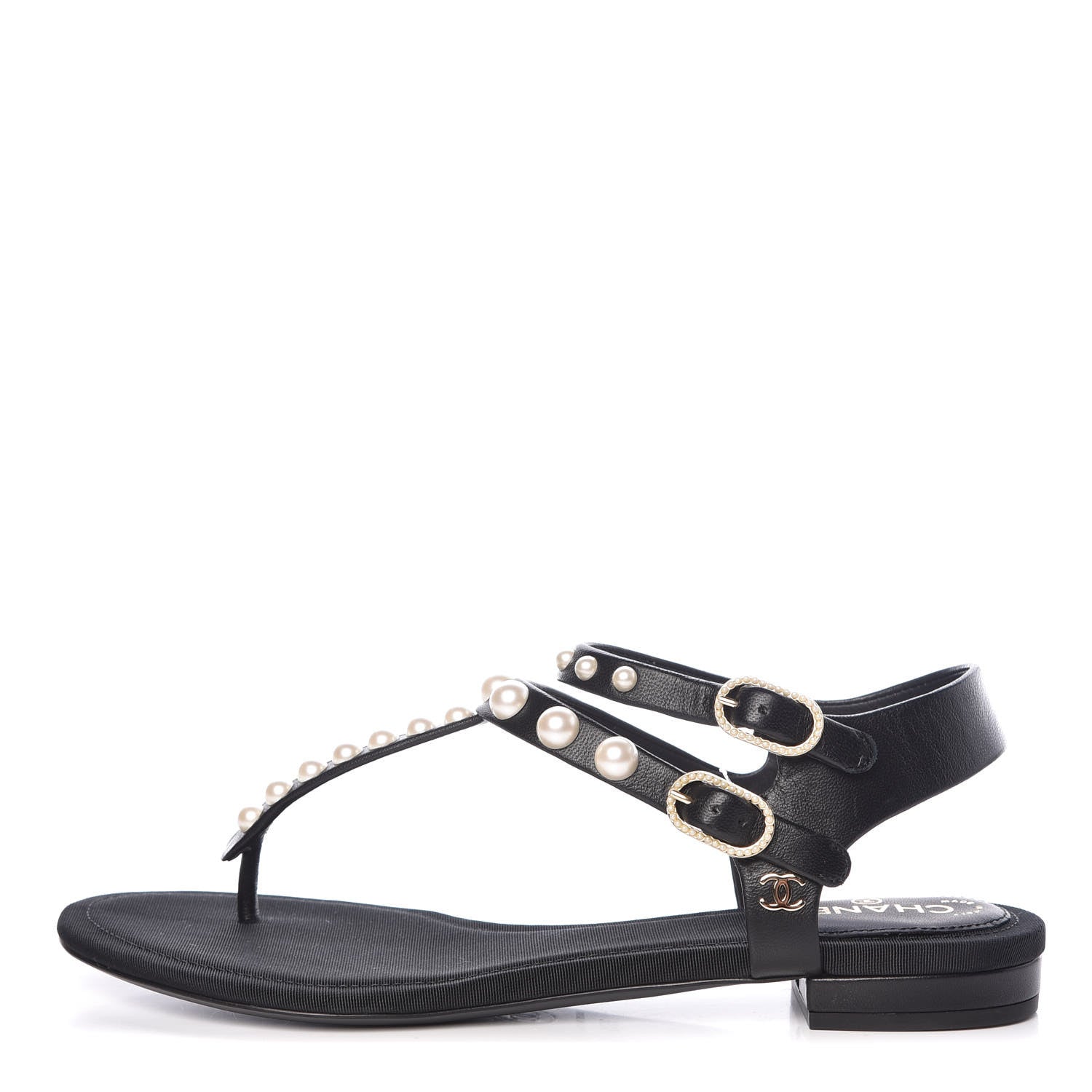 Chanel Lambskin Pearl Thong Sandals 35.5 Black 1 of 9