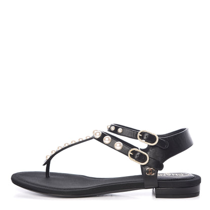 Chanel Lambskin Pearl Thong Sandals 35.5 Black 1 of 9
