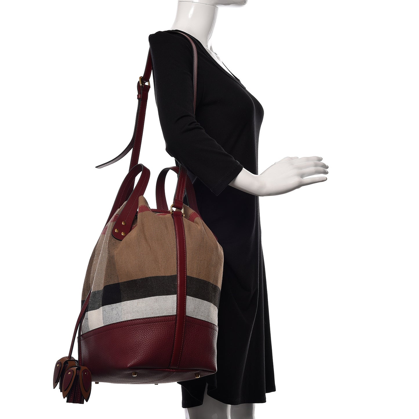 Grainy Calfskin Mega Check Tassel Heston Tote Burgundy Red