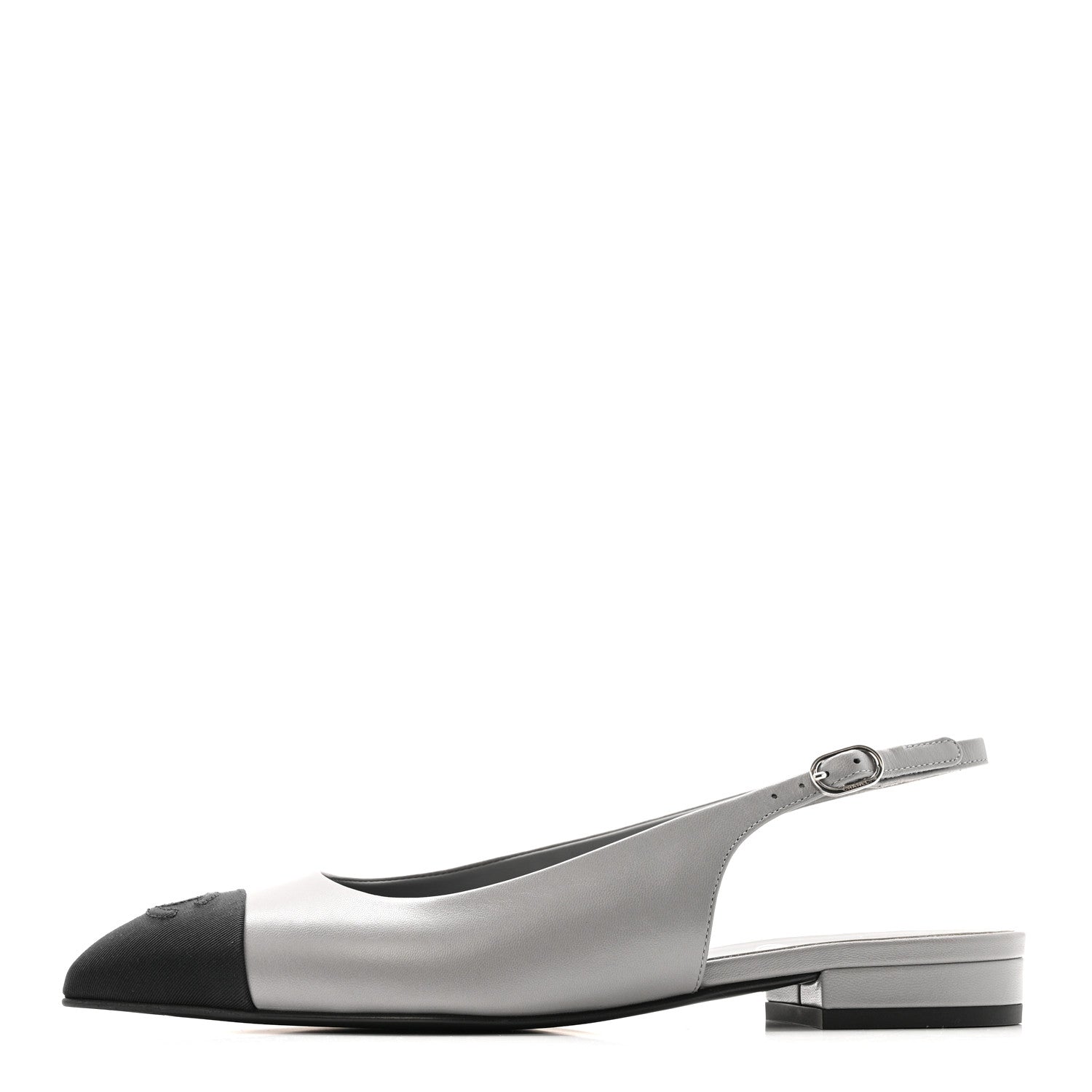 Chanel Goatskin Grosgrain Pointed Toe CC Slingback Flats 36.5 Gray Black 1 of 12