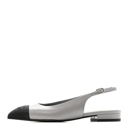 Chanel Goatskin Grosgrain Pointed Toe CC Slingback Flats 36.5 Gray Black 1 of 12