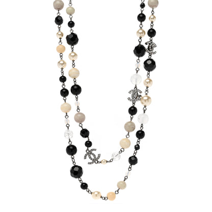 Chanel Pearl Crystal Bead CC Long Necklace Black Silver 1 of 5