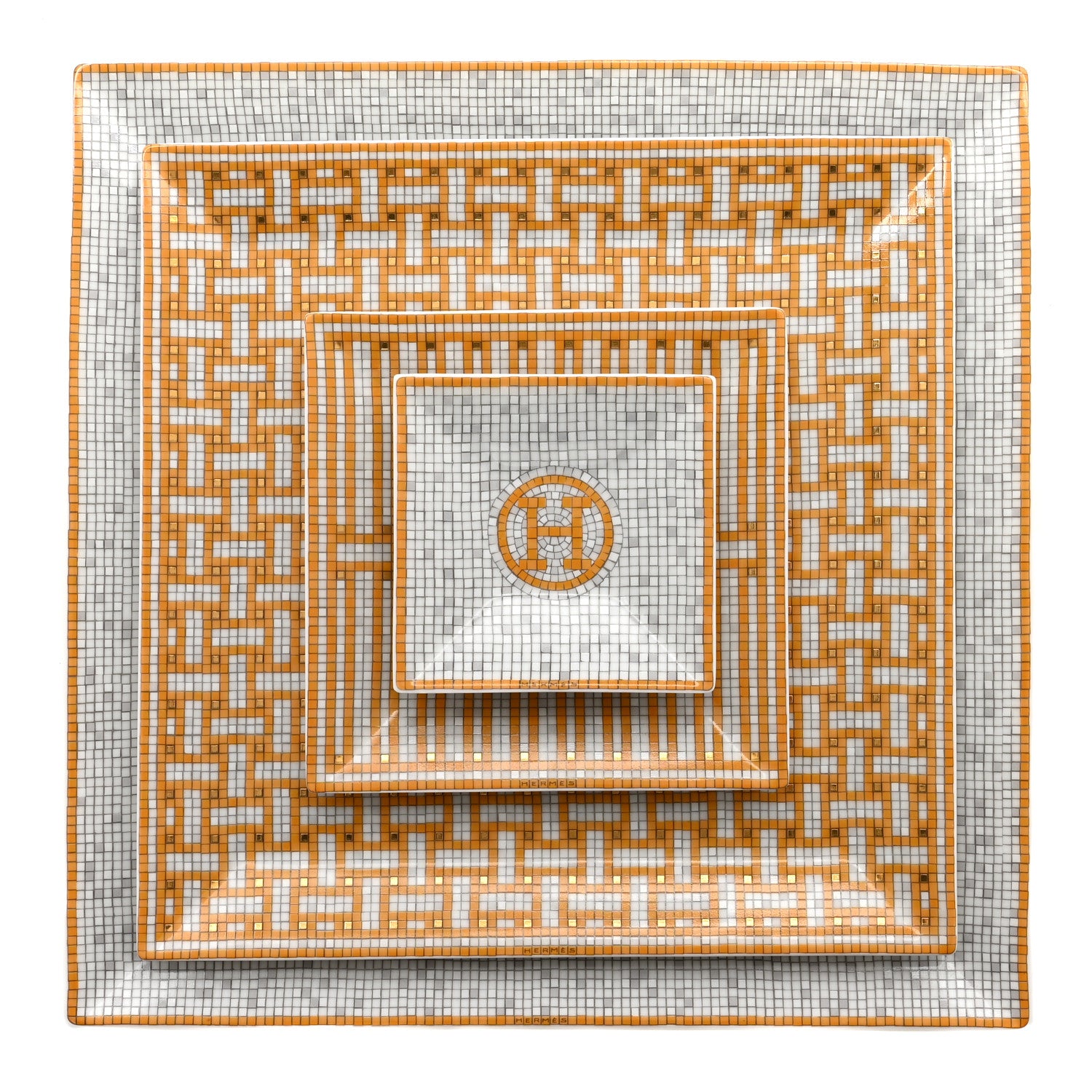 Hermes Porcelain Mosaique Au 24 Set of 5 Square Plates Gold 1 of 12