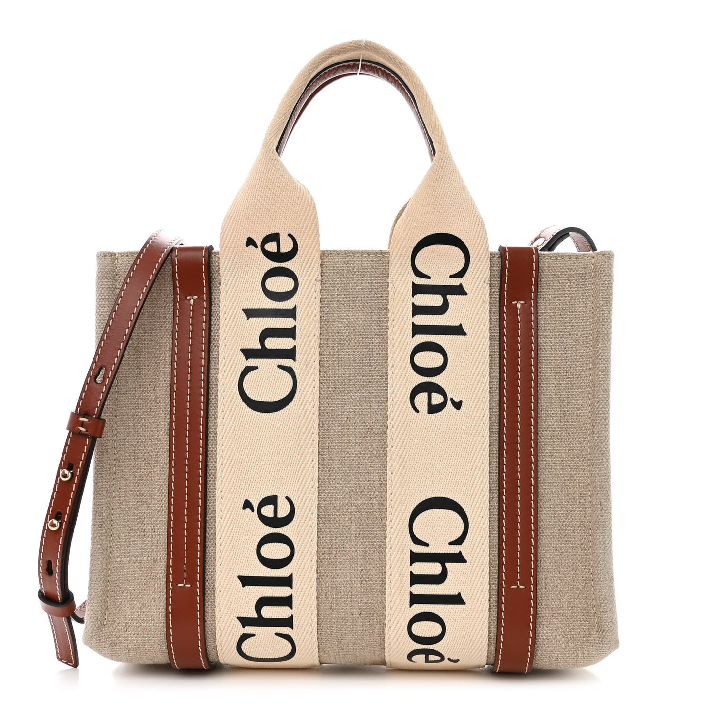 Linen Calfskin Small Woody Ribbon Tote With Strap White Brown