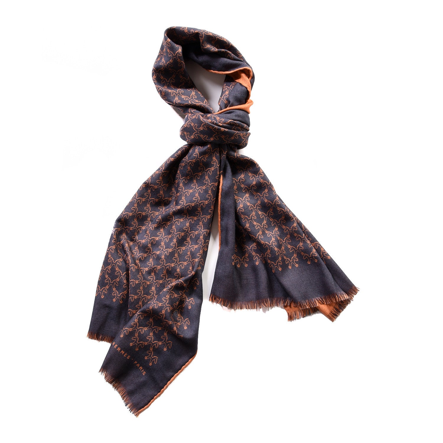 Hermes Cashmere Silk Whispering Horses Echarpe Muffler Orange Gris 1 of 5