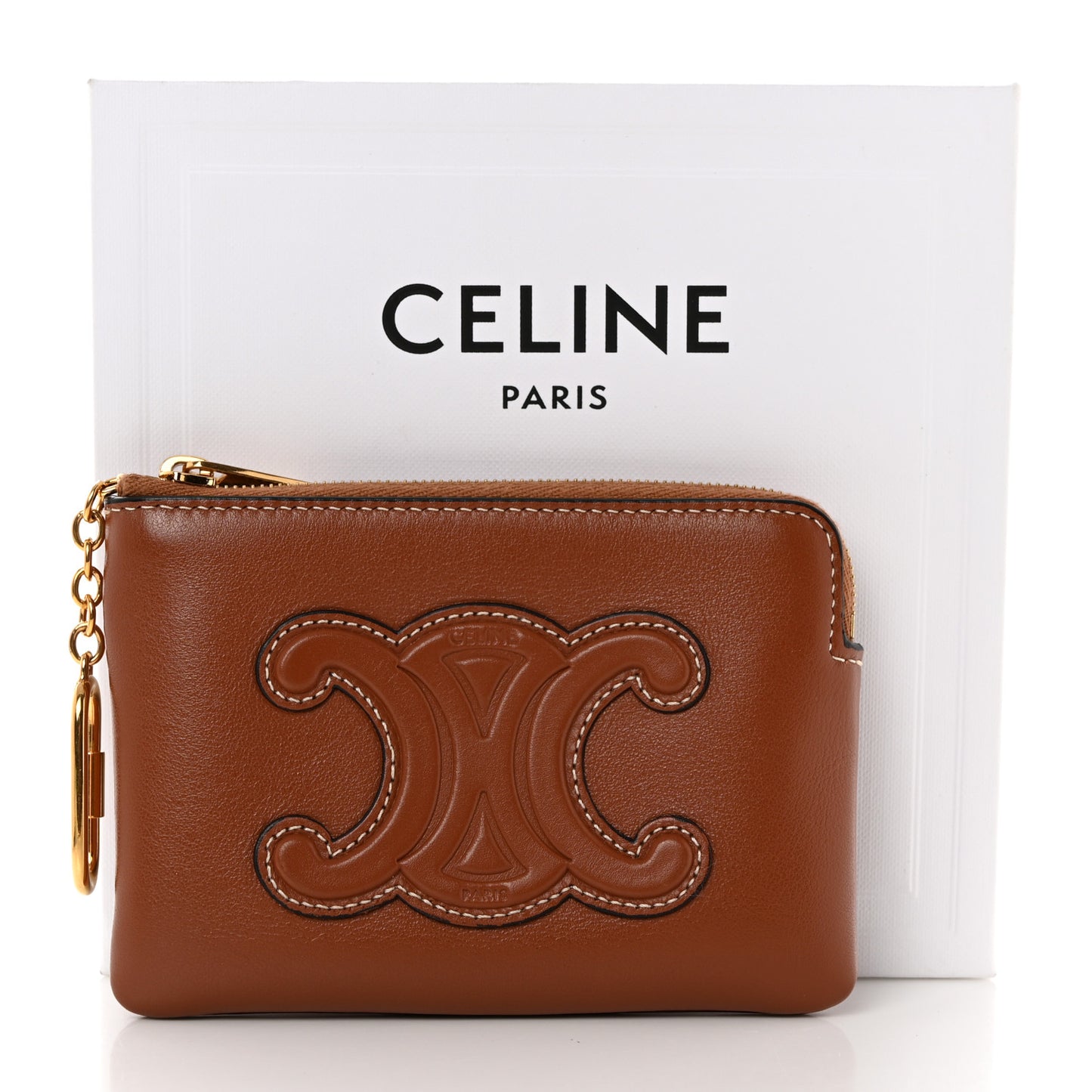Smooth Calfskin Cuir Triomphe Coin and Card Pouch With Hook Tan
