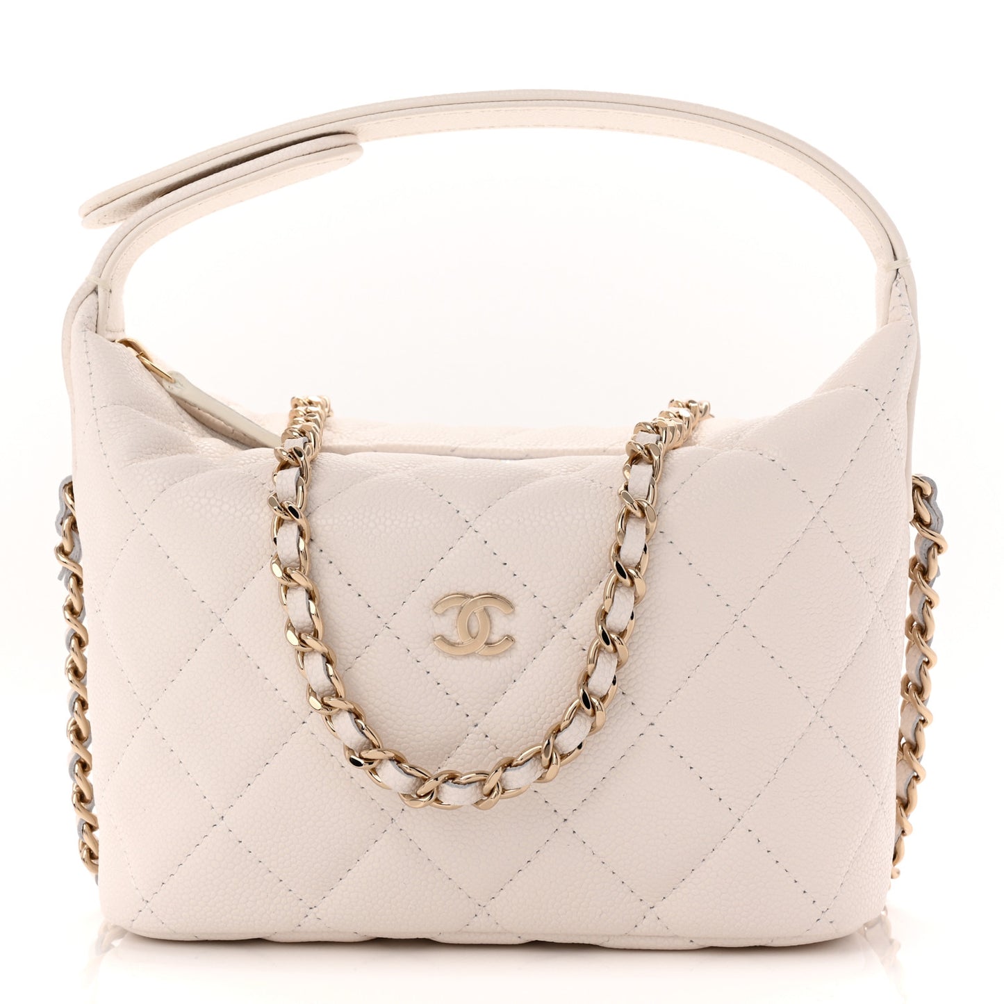 Caviar Quilted Hobo Clutch With Chain White